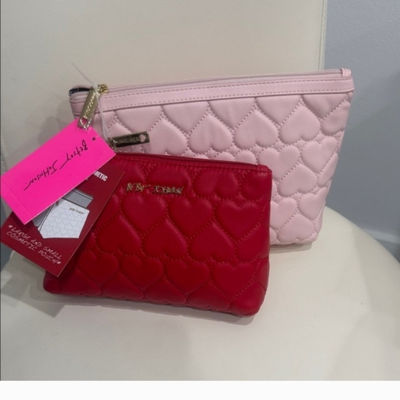Betsey Johnson Pink and Red Heart Cosmetic Bag Set - Picture 1 of 3